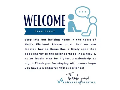 a welcome card with a picture of a family at Studio Haven in Times Square & Nearby Restaurants in New York