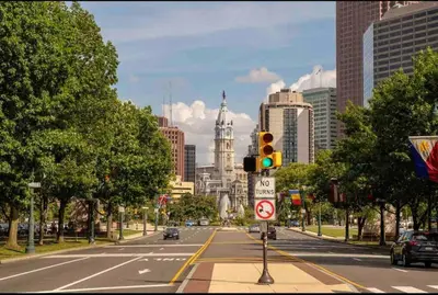 a street with a traffic light and a city at 502 Luxury 1BR apartment in center city in Philadelphia