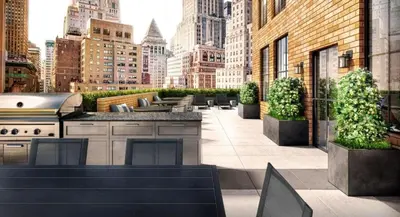 a rooftop patio with a grill and tables and chairs at FiDi jr 1br w game room resident-only bar NYC-1336 in New York
