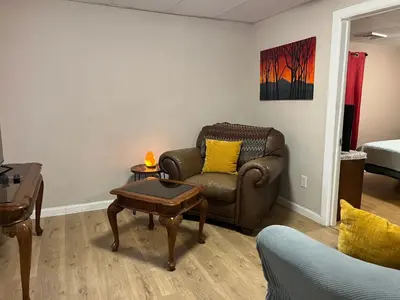 a living room with a couch and a table at Cozy Apt near BU, Lourdes, UHS in Johnson City