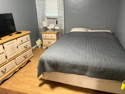 a bedroom with a bed and a dresser and a television at Cozy Apt near BU, Lourdes, UHS in Johnson City