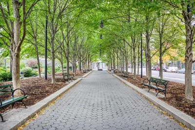 a walkway with benches and trees in a park at FiDi 1br w gym doorman lounge nr park NYC-1344 in New York