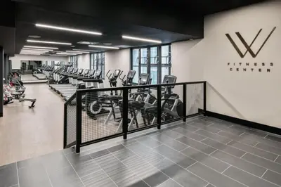 a gym with rows of treadmills and ellipticals at FiDi 1br w gym doorman lounge nr park NYC-1344 in New York