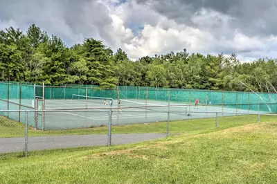 two tennis courts with two dogs on them at 9 Mi to Camelback! Home with Hot Tub and Fire Pit in Long Pond
