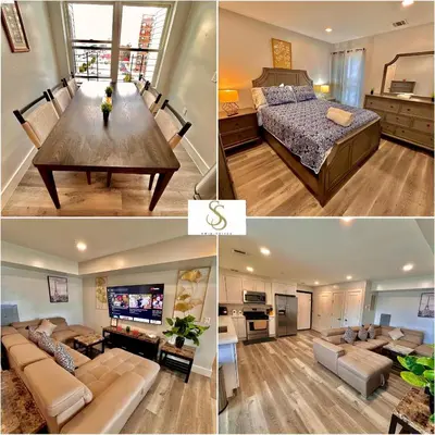 a collage of pictures of a living room and a bedroom at The Classy Suite - 2BR with Free Parking in Paterson
