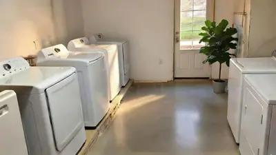 a laundry room with three washing machines and a plant at The Grayson at Park Place- cozy and fully updated with King bed free coffee and fast WIFI in Wilmington