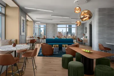 a rendering of a restaurant with tables and chairs at Tribeca 1br w doorman gym roof deck NYC-1374 in New York