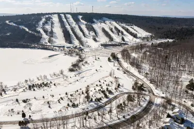 an aerial view of a snow covered ski slope at The Best of Blakeslee in Blakeslee