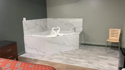a bathroom with a tub with two white swans on it at Wilkes-Barre lodge in Wilkes-Barre