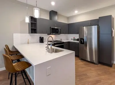 a kitchen with a stainless steel refrigerator and a counter at 310 Brand New 1 Bedroom 1 Bath 1 Full Kit 1 Liv in Dunellen