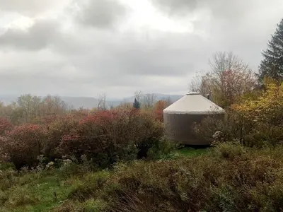 a yurt sitting in the middle of a field at Beautiful Yurt with Breathtaking Views in Livingston Manor, New York in Livingston Manor