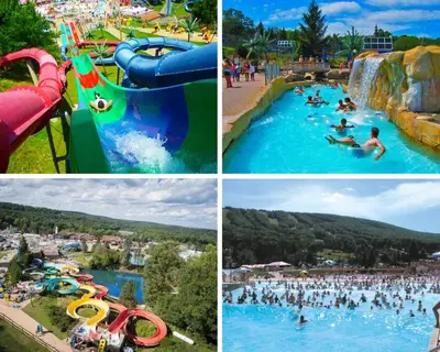 a collage of four pictures of a water park at The Cozy Peak 5 Minutes to Ski in Tannersville