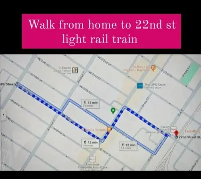 a map with the words walk from home to st light rail train at Private BR Wlk to NYC Train 3 in Bayonne