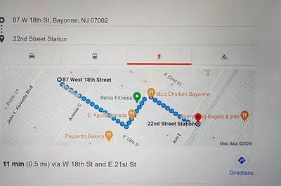 a screenshot of a google map of a train at Private BR Wlk to NYC Train 3 in Bayonne