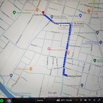 a google map with a blue line on it at Private Bedroom In Shared Apt C in South Hackensack