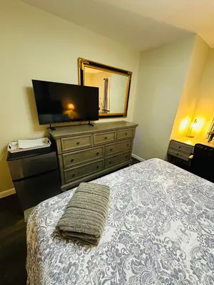 a bedroom with a bed and a flat screen tv at The Trenton Two 2BR Peaceful Oasis with Patio - Shared Home in Trenton