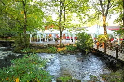 a river with a bridge and a bridge at Traditional Wooden Cabin Rental in the Poconos, Pennsylvania in Canadensis