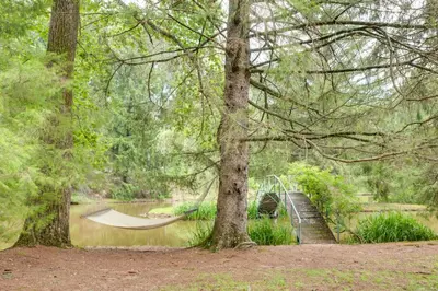 a hammock in a park next to a river with a bridge at Fish and Hike Lakeside Poconos Retreat, Unit 3 in Bangor