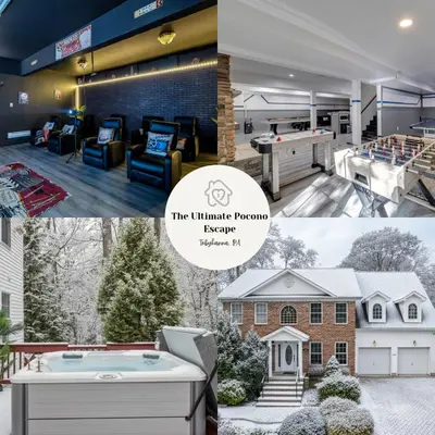 a collage of photos of a house with a pool table at The Ultimate Pocono Escape in Tobyhanna