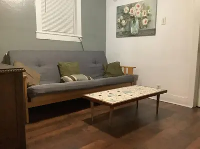 a living room with a couch and a coffee table at Fanciful, Comfy Private Room - Lourdes Hospital in Johnson City