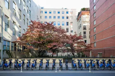 a row of blue bikes parked in a parking lot at Blueground Chelsea rooftop nr Highline NYC-369 in New York