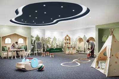 a play room with a ceiling with a cloud on it at Blueground Chelsea pool nr The Vessel NYC-2144 in New York