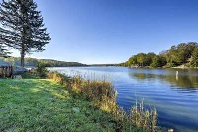 a view of a lake with a tree and grass at Poconos Retreat in The Hideout Lake Community! in Lake Ariel
