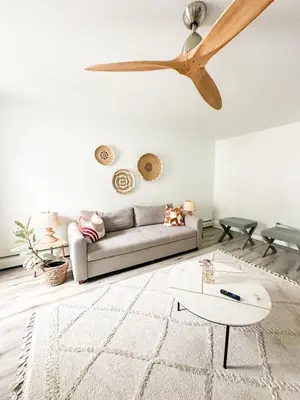 a living room with a couch and a ceiling fan at Modern Escape in Phoenixville, 4 Guests, Parking in Phoenixville