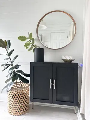 a mirror on a black cabinet in a room with a plant at Queen Bed, Luxury Studio with Balcony in Phoenixville