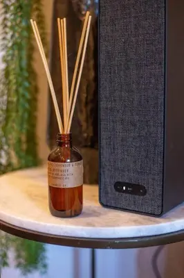 a bottle with sticks in it next to a speaker at Billy Penn Studio at Kestrel Hotel in Philadelphia