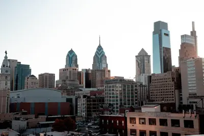 a view of a city skyline with tall buildings at Rail Park Studio at Kestrel Hotel in Philadelphia