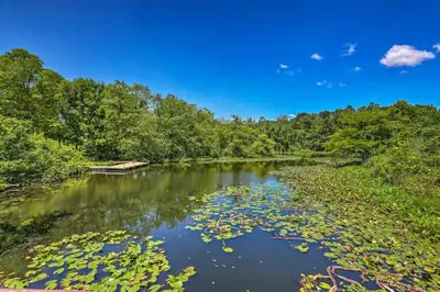 a river with lily pads in the water at Mountain Creek Resort Home - Hot Tub and Pool Access in Vernon Township