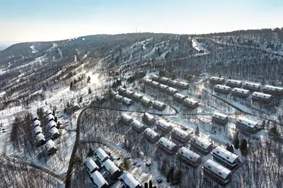 an aerial view of a snow covered city with buildings at Northridge 181 in Tannersville