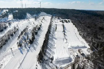 an aerial view of a snow covered road with trees at Jumpin' Jack Frost in Lake Harmony