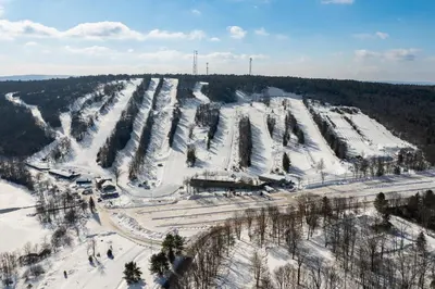 an aerial view of a ski resort covered in snow at Big Boulder Bliss in Lake Harmony