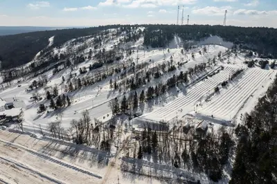 an aerial view of a ski slope in the snow at Big Boulder Lake Townhome in Lake Harmony