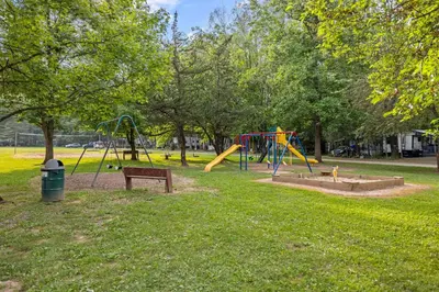 a park with playground equipment in the grass at Deluxe Cabin Within Campground in Mifflinburg